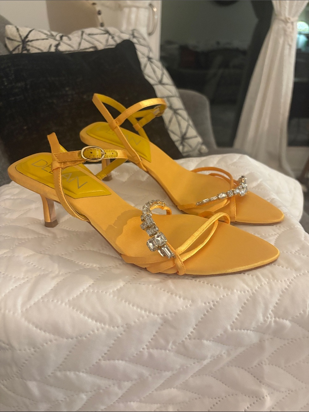 Yellow Satin Crystal-Strap Kitten Heel Sandals